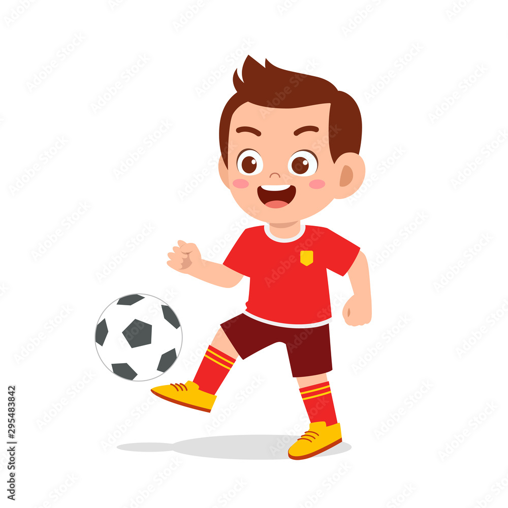 cute kid boy play soccer as striker