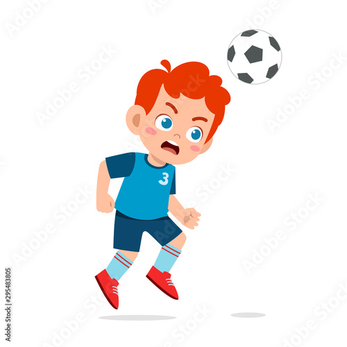 cute kid boy play soccer as striker