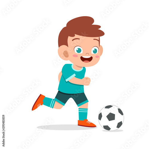 cute kid boy play soccer as striker