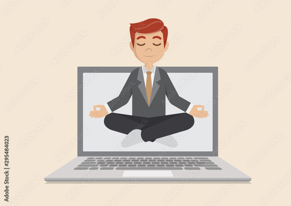 Businessman meditating on Laptop. Businessman meditating on Laptop.