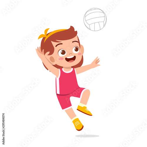 happy cute kid girl play train volleyball
