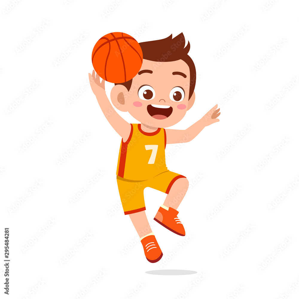 happy cute kid boy play train basketball