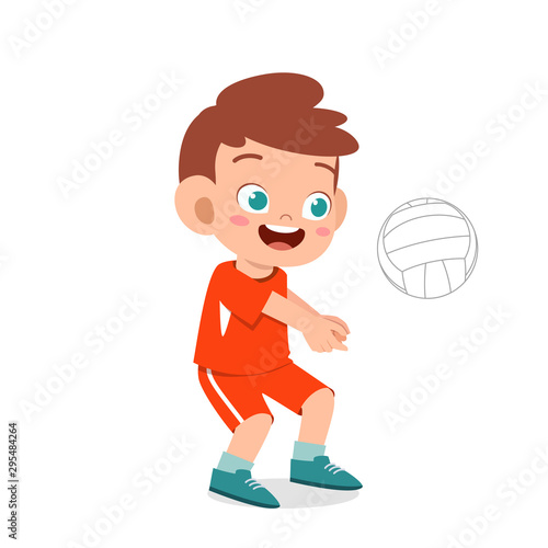 happy cute kid boy play train volleyball