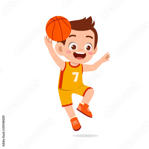 happy cute kid boy play train basketball