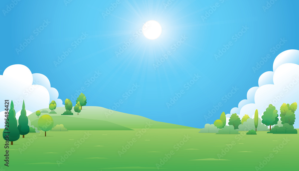 Scenery  trees and green mountain landscape. Vector nature background