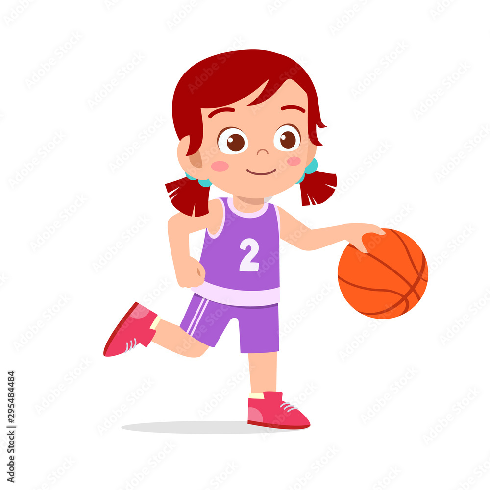 happy cute kid girl play train basketball
