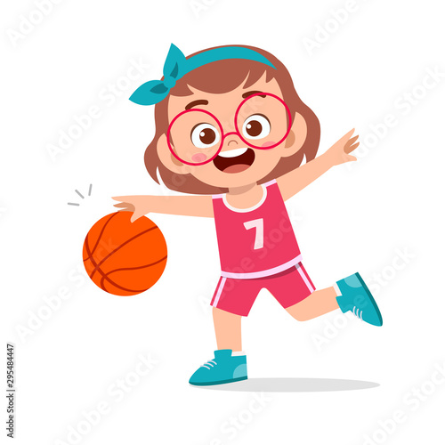 happy cute kid girl play train basketball