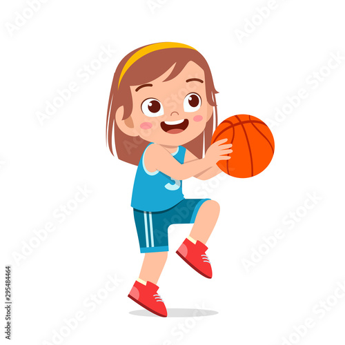 happy cute kid girl play train basketball