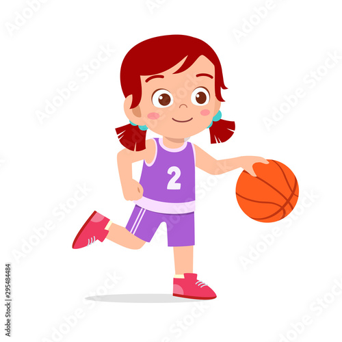happy cute kid girl play train basketball