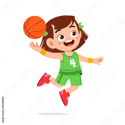 happy cute kid girl play train basketball