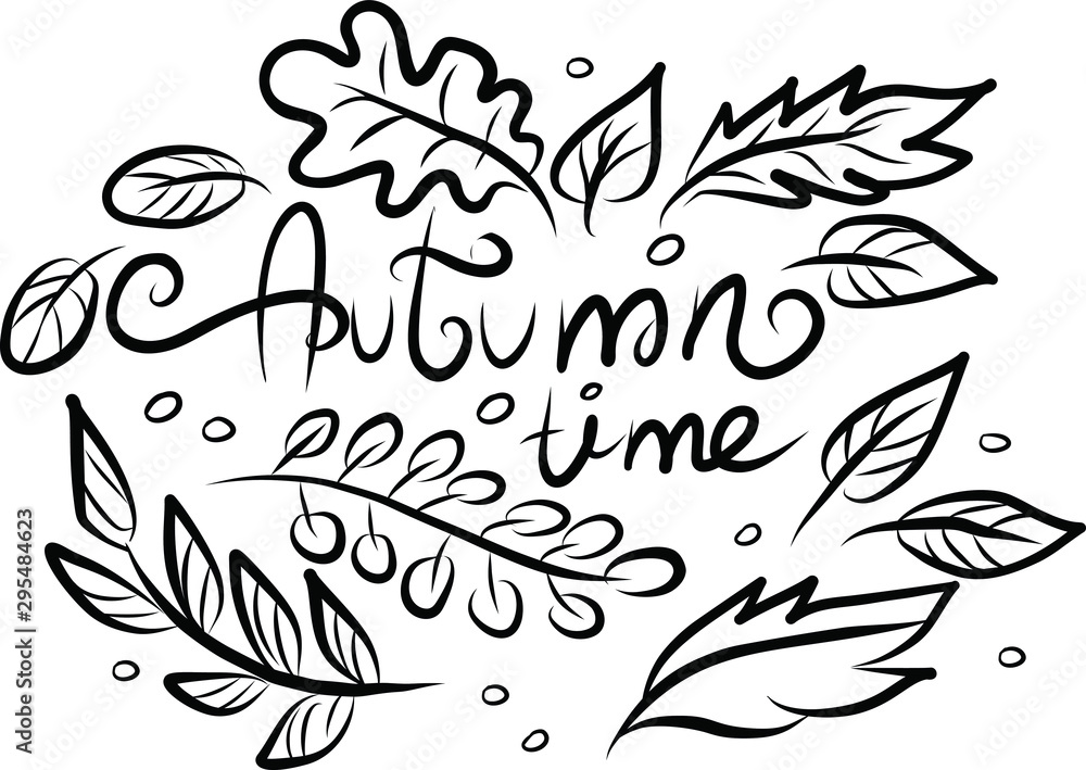 Lettering Autumn time on white background. Vector illustration. Perfect for postcard, greeting card, print.