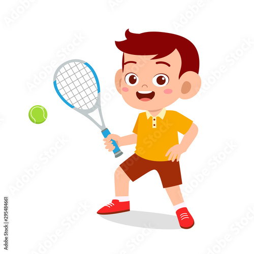 happy cute kid boy play train tennis