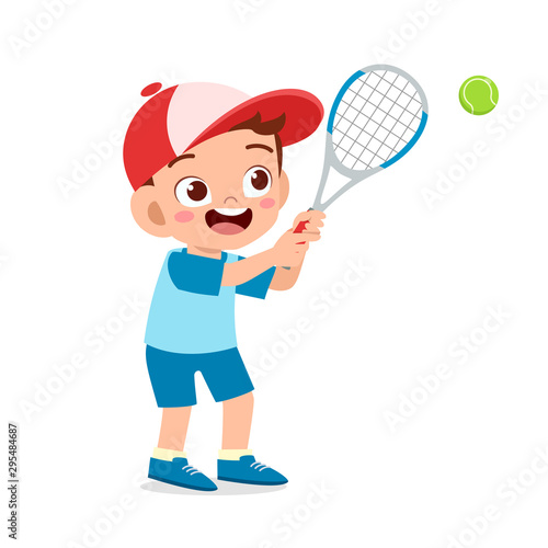 happy cute kid boy play train tennis