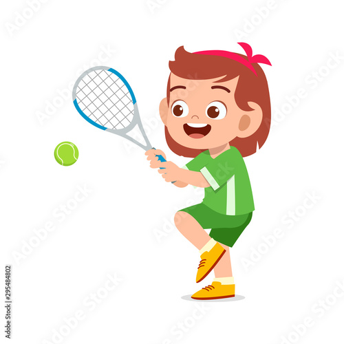 happy cute kid girl play train tennis