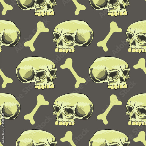 Old Human Skull Seamless Pattern on Grey Background.