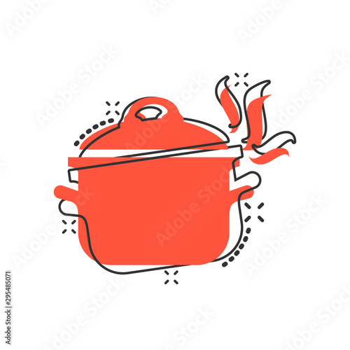 Vector cartoon cooking pan icon in comic style. Kitchen pot concept illustration pictogram. Saucepan equipment business splash effect concept.