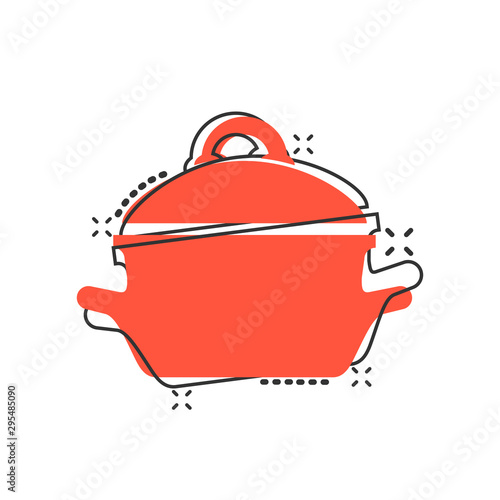 Vector cartoon cooking pan icon in comic style. Kitchen pot concept illustration pictogram. Saucepan equipment business splash effect concept.
