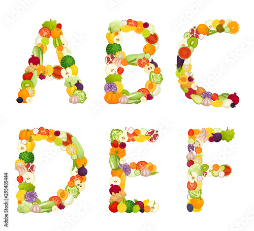 Alphabet made of vegetables and fruits. Vegetarian food font. Vector illustration in cartoon style. Letters laid out from plant foods.