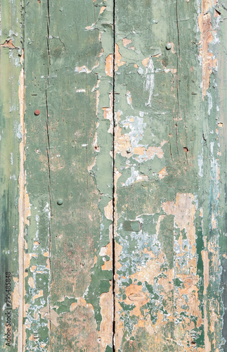 High resolution full frame background of a weathered and faded wooden wall, door or wood panelling, green paint peeled off.