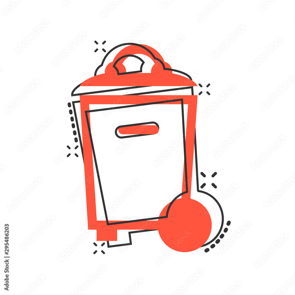 Trash bin garbage icon in comic style. Trash bucket vector cartoon illustration pictogram. Garbage basket business concept splash effect. Trash bin garbage icon in comic style. Trash bucket vector cartoon illustration pictogram. Garbage basket business concept splash effect.