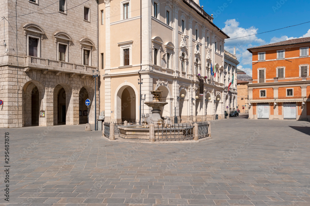 Rieti, Lazio, Italy. The town hall and the dolphin fountain.