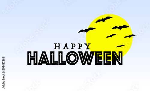 Black color word Happy Halloween with bats and moon on white background