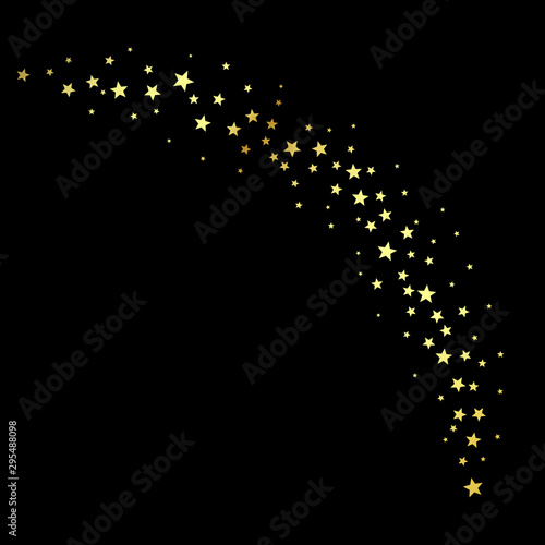 Gold stars. Decoration design element. Wavy stardust path. Vector illustration isolated on black background