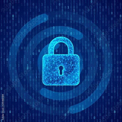 Polygonal lock on binary code background. Protection concept of digital and technology. System privacy. Protect personal data. vector illustration