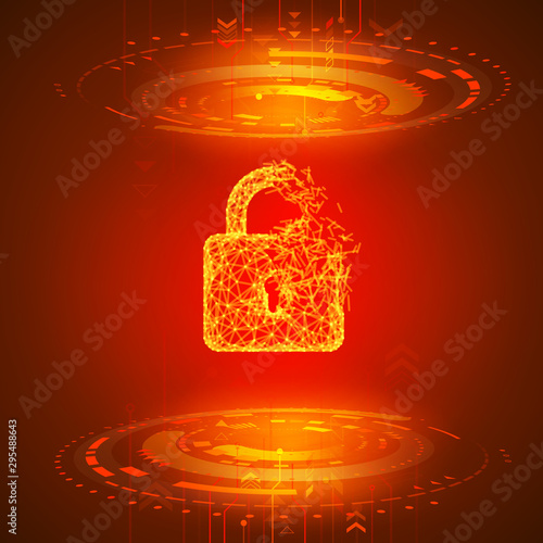 Hacking program or network. Broken padlock on red technology background. Alert from security system. Vector