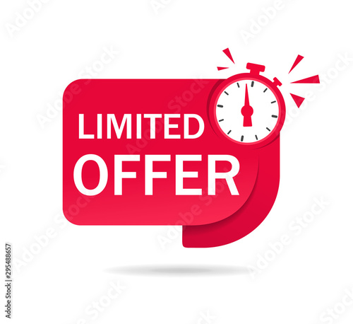 Red limited offer tag with clock for promotion, banner, price. Label countdown of time for offer sale, special deal.Alarm clock with limited offer of chance. Badge counter time promo. vector isolated photo