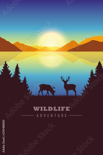 wildlife adventure elk in autumn landscape by the lake at sunset vector illustration EPS10
