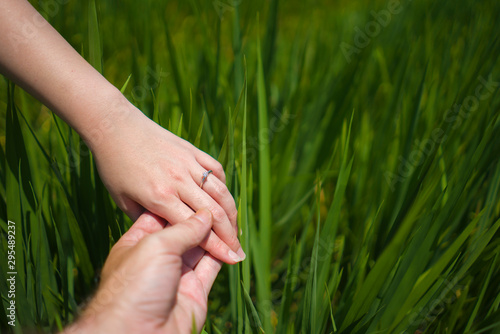 Romantic marriage proposal . close up hands of couple in love hold¡ng together , the woman with engagement ring on her finger isolated on green field background © TheVisualsYouNeed