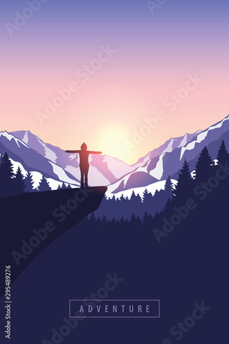 hiking adventure in snowy mountain girl on a cliff in at sunrise vector illustration EPS10