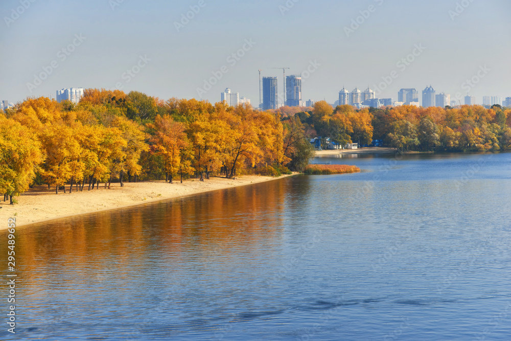 Autumn trees near the river, leaves on sand.