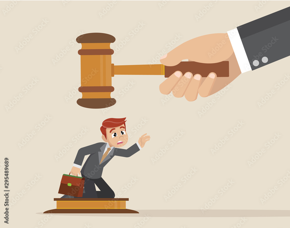 Big judge banging gavel on small businessman. Big judge banging gavel on small businessman.