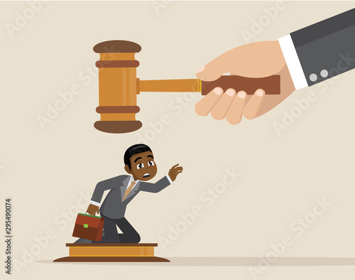 Big judge banging gavel on small businessman.