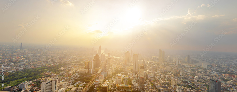 Bangkok, Thailand - September 27 2019: Panoramic view of the Bangkok city Located at the top of King Power Mahanakhon Building, Mahanakhon skywalk, observation deck 314 meters the peak glass tray.