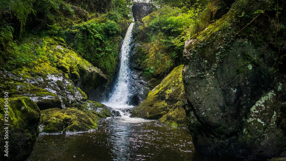 Naklejka premium Stream or creek flowing between mossy rocks, water, autumn, Ireland