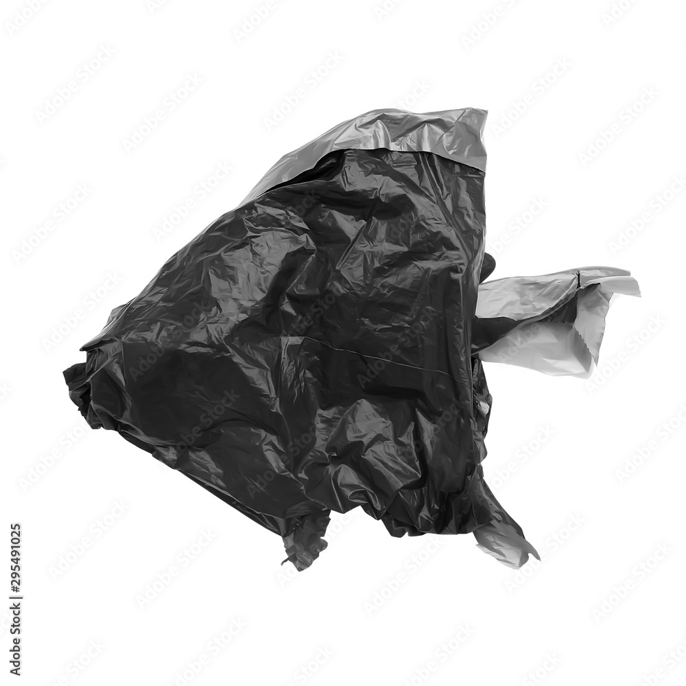 Black garbage bag in form of tropic fish's silhouette. Isolated element for design- concept of saving the environment and plastic pollution of the world ocean