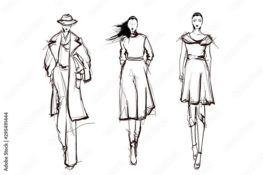 Fototapeta premium Beautiful young women. Hand drawn stylish woman portrait. Fashion lady. Winter outfit. Sketch. Fashion model posing in coat. Hand drawn fashion woman.