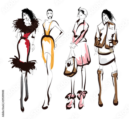 Beautiful young womens. Hand drawn fashion girls. Fashion model posing. Sketch. Vector illustration set.