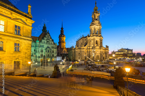 Cathedral of the Holy Trinity and Dresden Castle in Saxony at dusk, Germany