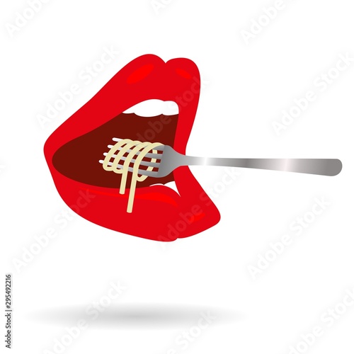 Large mouth with red lips eat pasta. Vector icon with shadow  isolated on white background.
