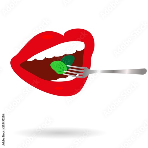 Large mouth with red lips eat а spinach. Vector icon with shadow  isolated on white background.