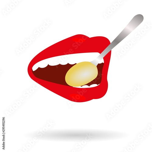 Large mouth with red lips eat a soup. Vector icon with shadow.  
