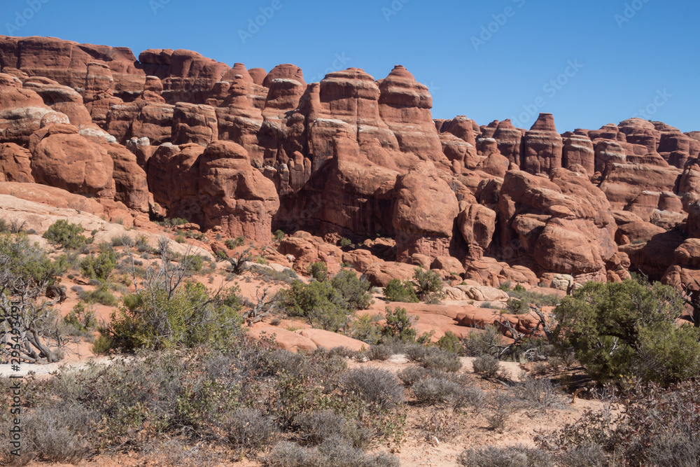 Desert plants and shrubs surrounding eroded sandstone peaks