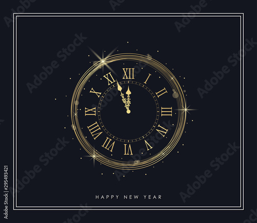 New Year gold clock with shiny lights and golden sparkles, frame. Merry Christmas and New Year illustration for holiday card, poster and banner. Vector.