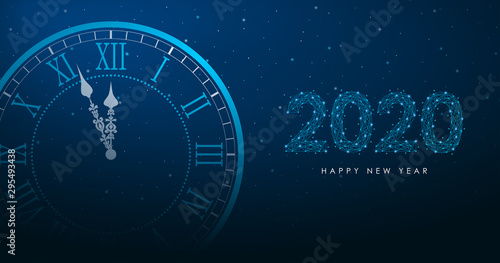 New Year and Merry Christmas illustration with round clock and 2020 number by polygonal wireframe mesh on night sky. Low poly greeting card, holiday banner with watch. Vector.