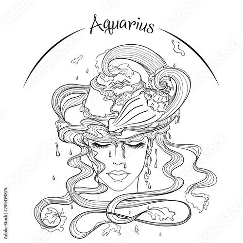 Zodiac. Vector illustration of the astrological sign of Aquarius as a beautiful fashion girl in hat. Line art template suitable for coloring book page