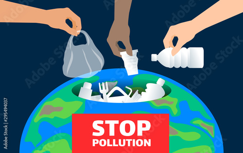 people hands throwing plastic waste in to earth planet trash can